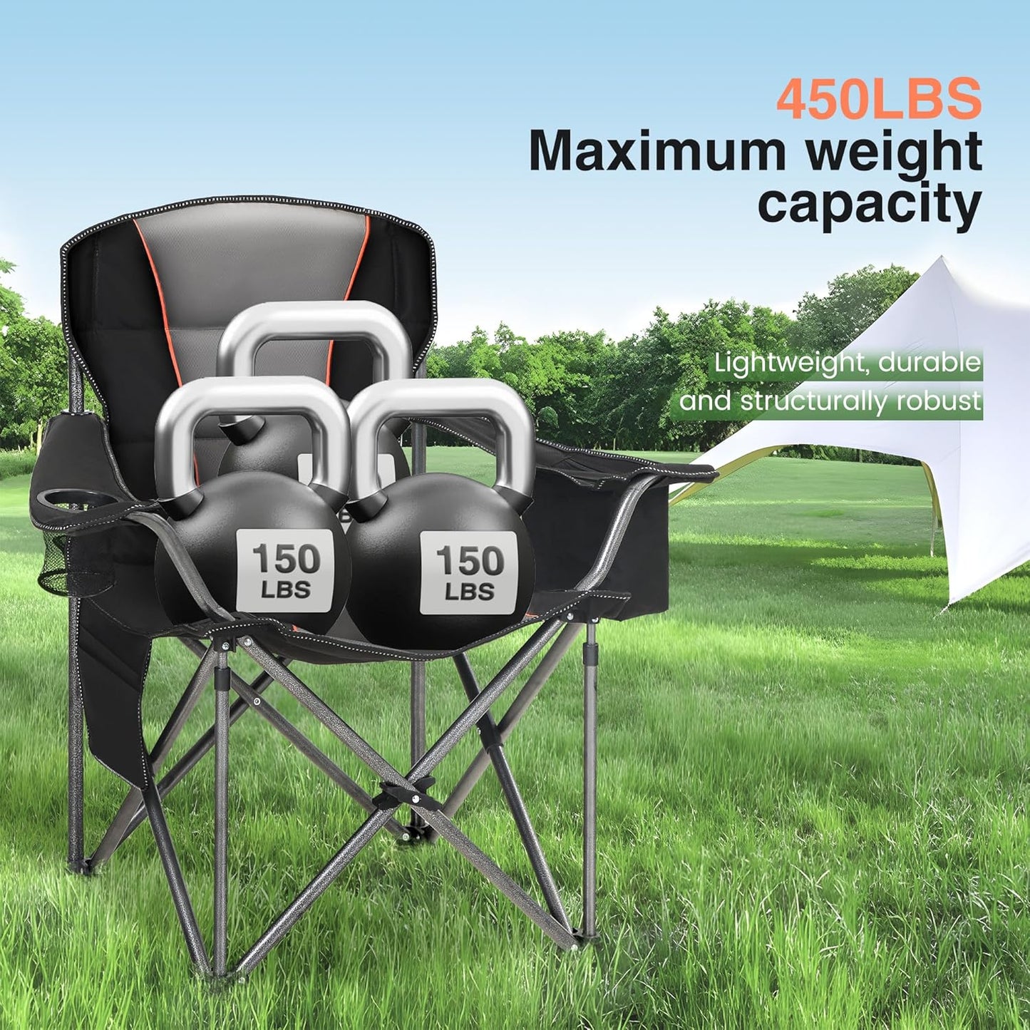 HIGH POINT SPORTS Oversized Camping Folding Chair, Heavy Duty Portable Lawn Chairs, Folding Chairs for Outside with Cup Holder and Cooler Bag for Camp, Travel, Support 450 LBS, 2 Pack, Black