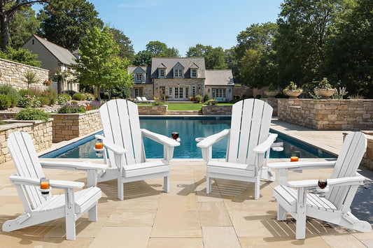 SERWALL Folding Adirondack Chair, Dual Cup Holders & All-Weather HDPE, Wood-Like Patio Chair for Backyard, Camping,Pool & Fire Pit- White