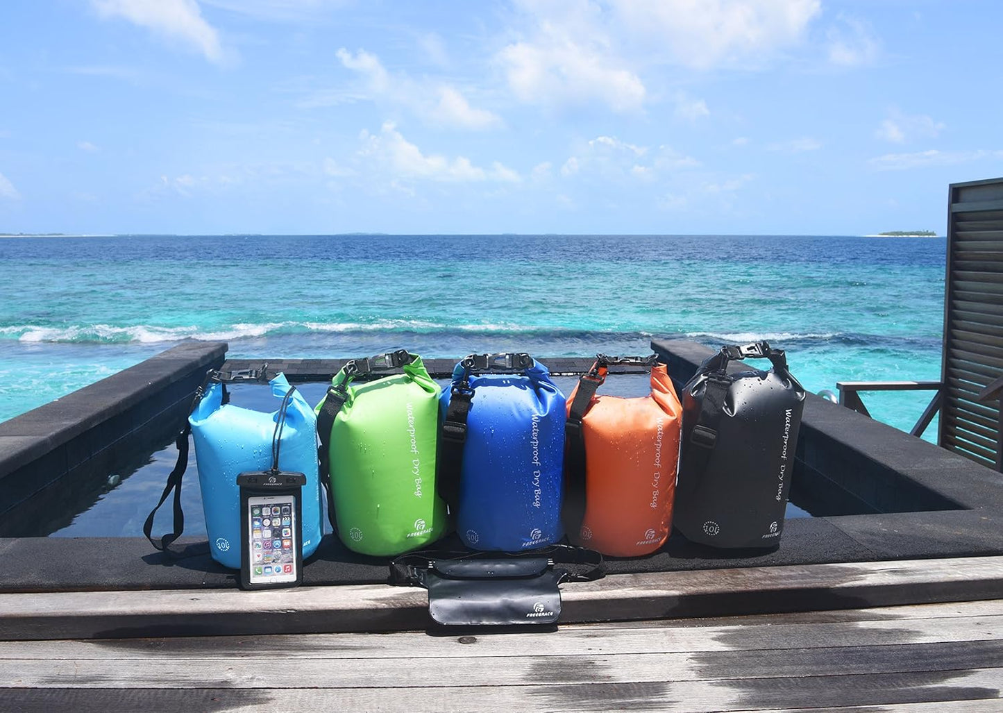 Freegrace Waterproof Dry Bags Set of 3 Dry Bag with 2 Zip Lock Seals & Detachable Shoulder Strap, Waist Pouch & Phone Case - Can Be Submerged Into Water - for Swimming (Navy Blue, 5L)