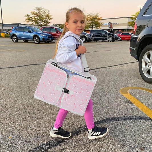 MENZOKE Kids Travel Tray, Car Seat Tray for Long Road Trips & Airplane Rides, with Cooler Cup Holder, Educational Dry Erase Board & Tablet Holder, Cute Unicorn Print, Light Purple