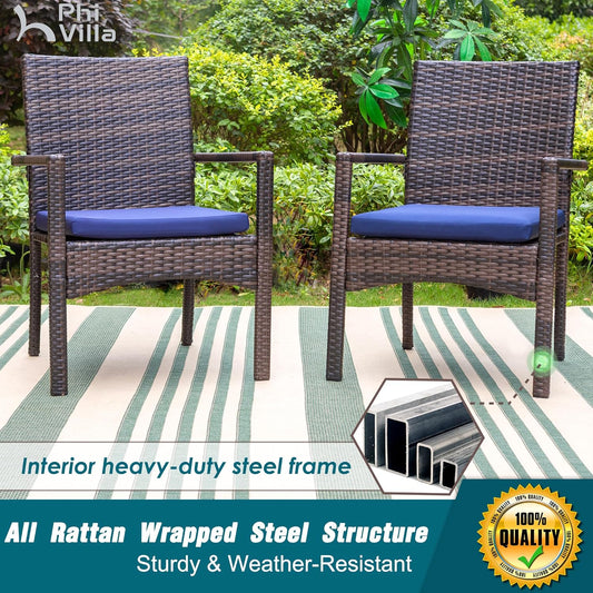 PHI VILLA 4 Pieces Patio Cushioned Rattan Chairs, Outdoor Modern PE Wicker Dining Armchair with Removable Cushions for Deck, Yard, Porch
