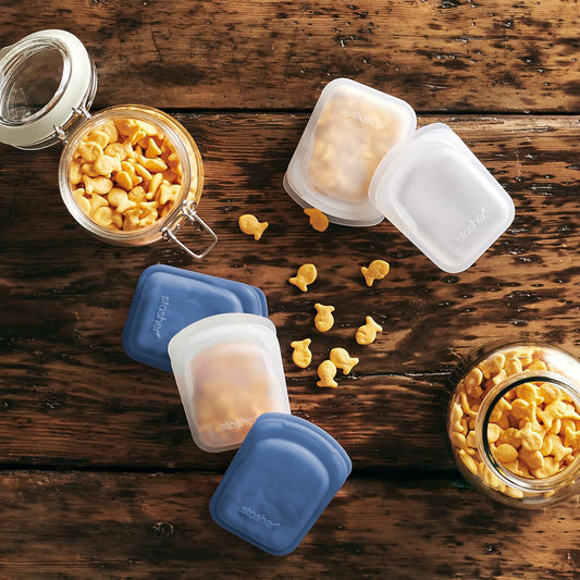 Stasher Premium Silicone Reusable Food Storage Pocket 2-Pack, Clear + Deep Ocean, Multi-Use Food Storage Bags, Lunch Bag, Travel Containers, BPA Free, Leak-free, Dishwasher-Safe, Eco-friendly, 4 Oz