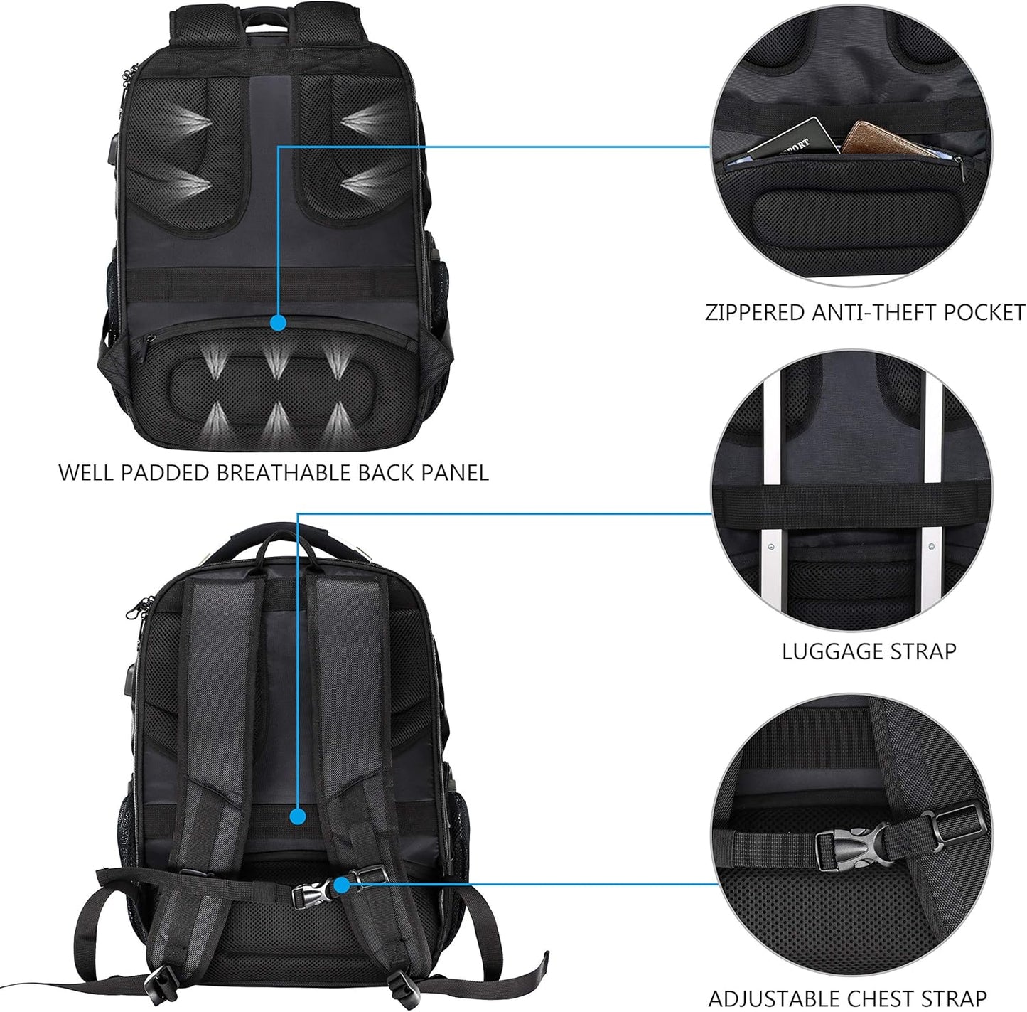 KROSER TSA Friendly Travel Laptop Backpack 17.3 inch XL Computer Backpack Water-Repellent College Daypack Business Backpack with RFID Pockets & USB Port for Men/Women-Black