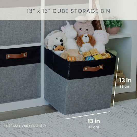 OrganiHaus 13x13 Cube Fabric Storage Bins Set of 4, Fabric Storage Cubes w/ Vegan Handles, 13 inch Collapsible Bins for Clothes & Toy Organizer, Cubbies Organizer, 13x13 Basket for Decor - Grey/Black