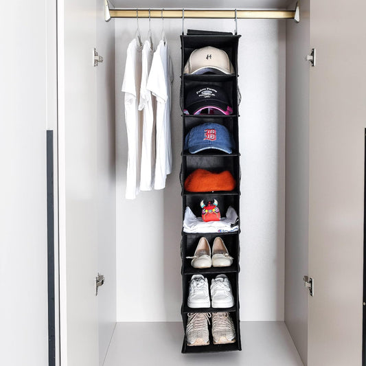 Hanging Shoe Organizer for Closet with Side Mesh Pockets,Hat Racks for Baseball Caps,Shoe and Hat Holder & Storage,8-Shelf,Black,2 Pack