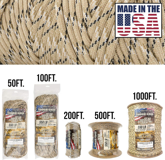 TOUGH-GRID 550 Paracord Rope Nylon Parachute Cord, Made in USA Survival Kit, Outdoor Adventures, Camping, Tactical Gear & Emergency Supplies, Military Type III Mil-Spec