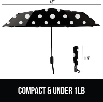 GORILLA GRIP Strong Stick Umbrella for Rain, Compact Travel One-Click Automatic Open Close, Lightweight, Portable, US Designed Reinforced Fiberglass Ribs, Wind Resistant, Easy Collapse, Polka Dots