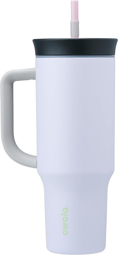 Owala Stainless Steel Triple Layer Insulated Travel Tumbler with Spill Resistant Lid, Straw, and Carry Handle, BPA Free, 40 oz, Purple (Bunny Hop)