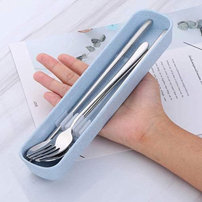 Portable Travel Flatware 3PCS Spoon Fork Chopsticks Set 18/10 Stainless Steel with Case and Bag for School Work Office lunch (Silver)