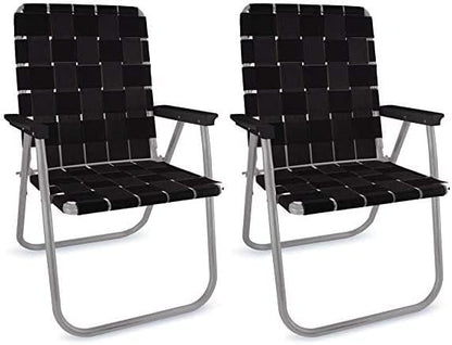 Lawn Chair USA - Outdoor Chairs for Camping. Made with Lightweight Aluminum Frames and UV-Resistant Webbing. Folds for Easy Storage 2- Pack (Black with Black Arms, Classic)