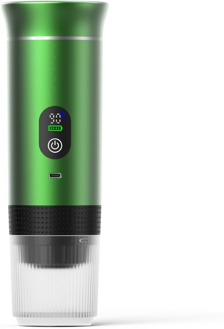 Portable Electric Coffee Maker, Digital Display, Compatible with Coffee Pods,Rechargeable Coffee Machine for Travel, Camping, RV,Home,Office (green)