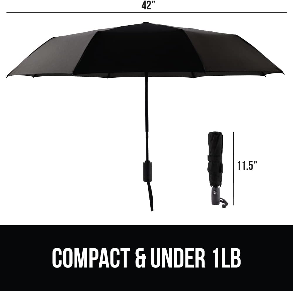 GORILLA GRIP Strong Stick Umbrella for Rain, Compact Travel One-Click Automatic Open Close, Lightweight, Portable, US Designed Reinforced Fiberglass Ribs, Wind Resistant Easy Collapse, Black 2 Pack