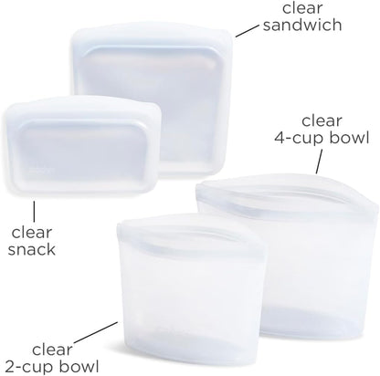 Stasher Premium Silicone Reusable Food Storage Bags, 4-Pack, Clear, Multi-Use Food Storage Bags, Lunch Bag, Travel Containers, BPA Free, Leak-free, Dishwasher-Safe, Eco-friendly