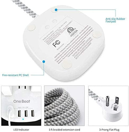 One Beat Desktop Power Strip with 3 Outlet 4 USB Ports 4.5A, Flat Plug and 5 ft Long Braided Extension Cords for Cruise Ship Travel Home Office, ETL Listed