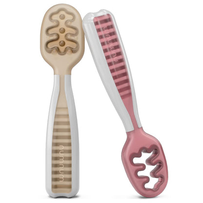 NumNum Baby Spoons Set, Baby Essentials Pre-Spoon GOOtensils for 6+ Months, First Stage Self-Feeding Spoons for Baby Led Weaning (BLW), Silicone Toddler Utensils, BPA-Free, 2 Pack Beige/Mauve