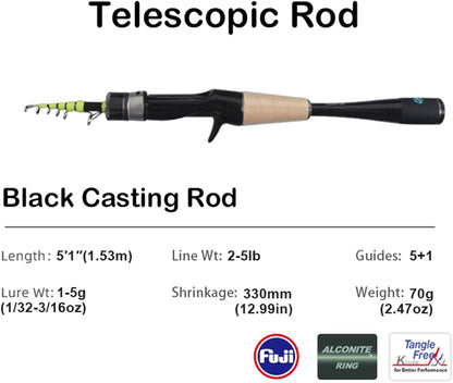 PURELURE Telescopic Fishing Rod Ultralight or Light, Carbon Fiber Rod Spinning & Casting, Fuji Alconite Ring and Reel Seat, One-Piece Mixed Carbon/4A Cork Handle, Spare Solid Tip, Portable Travel Rod