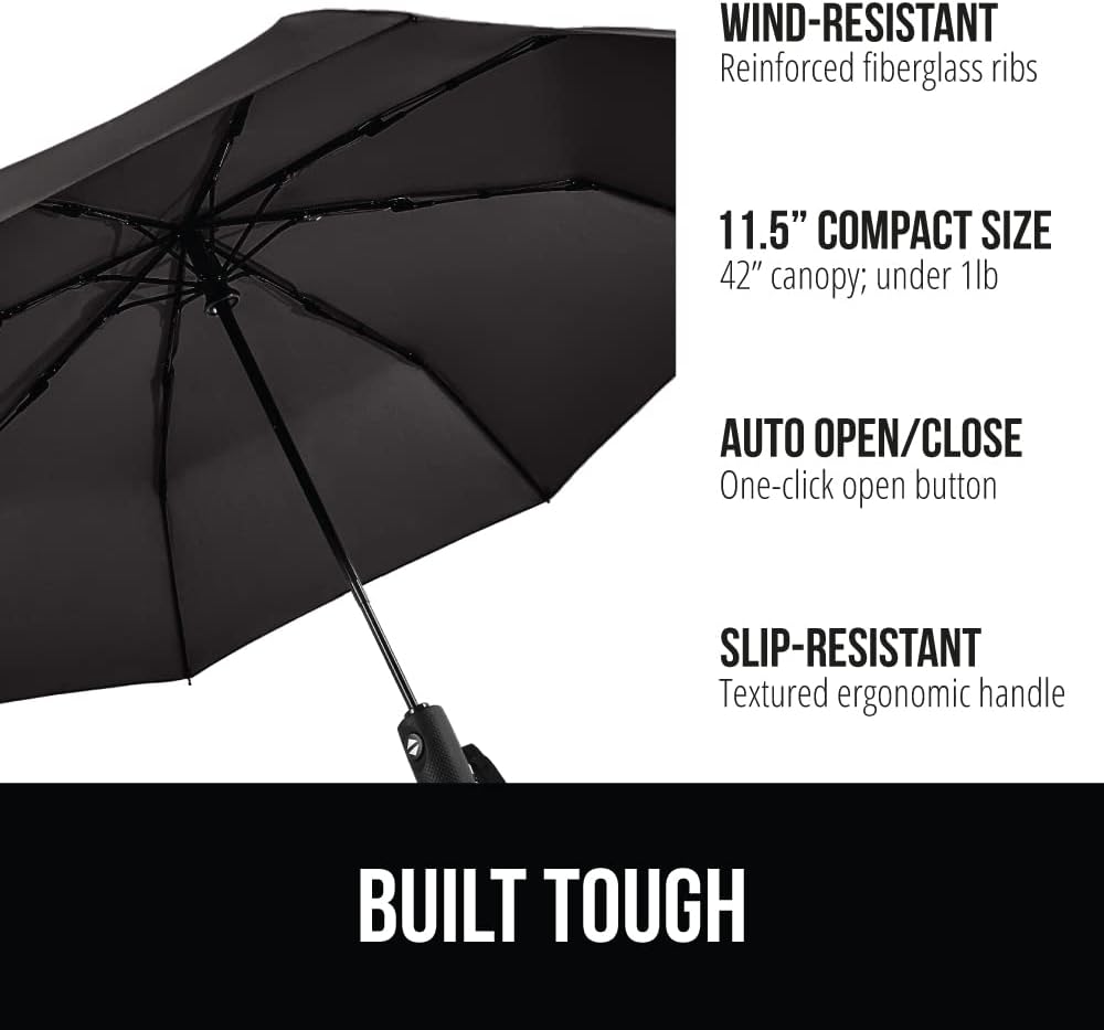 GORILLA GRIP Strong Stick Umbrella for Rain, Compact Travel One-Click Automatic Open Close, Lightweight, Portable, US Designed Reinforced Fiberglass Ribs, Wind Resistant Easy Collapse, Black 2 Pack