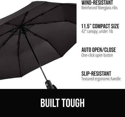 GORILLA GRIP Strong Stick Umbrella for Rain, Compact Travel One-Click Automatic Open Close, Lightweight, Portable, US Designed Reinforced Fiberglass Ribs, Wind Resistant Easy Collapse, Black 2 Pack