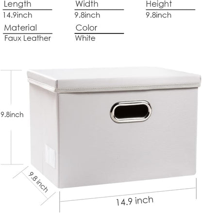 PRANDOM Foldable Storage Bins with Lids [5-Pack] Leather Fabric Collapsible Storage Boxes Organizer Containers Baskets Cube with Cover for Bedroom Closet Office Nursery White (14.9x10.8x10)