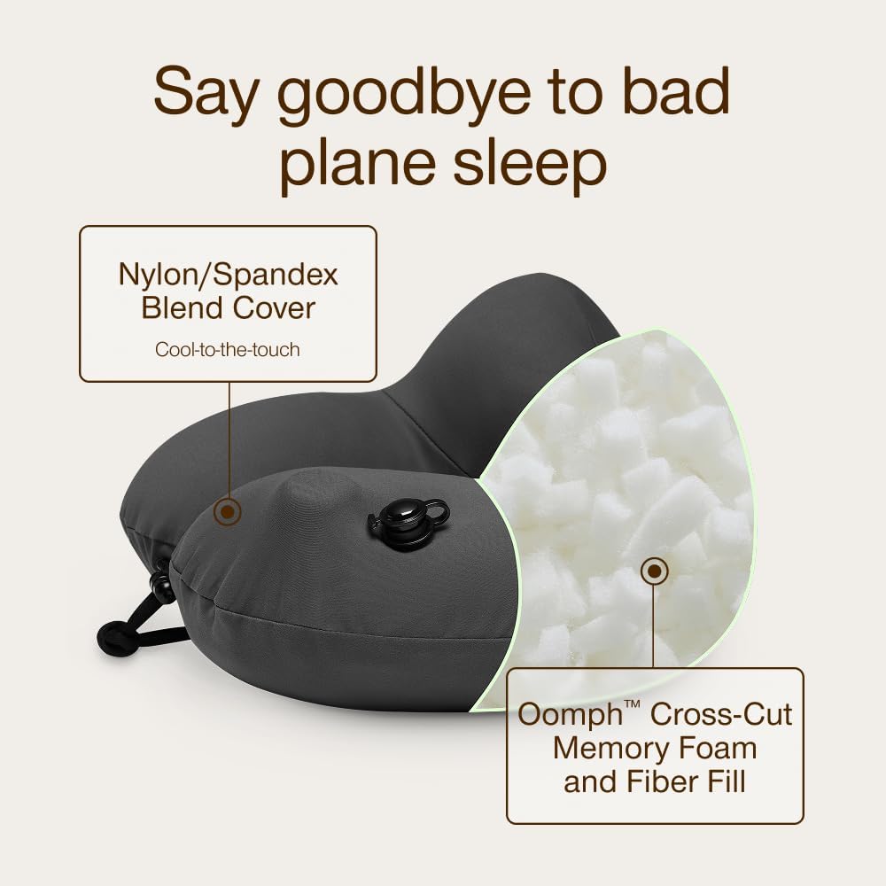 Coop Home Goods AirJustable Travel Neck Pillow, Inflatable, Adjustable Support for Neck & Chin, Compact Travel Pillow, Soft Memory Foam Comfort, Airplane Travel Essentials, Cooling & Washable Cover