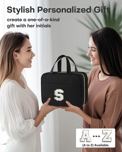 HOTOR Travel Toiletry Bag - Personalized Chenille Initial Makeup Bag, Water-Resistant Personalized Gifts for Women, Portable Travel Accessories & Essentials, Letter S, Black, 11.4"×9.0"×3.35"