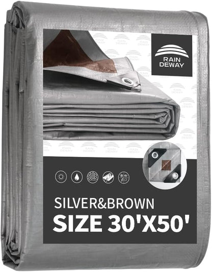 RAINDEWAY Tarps Heavy Duty Waterproof 30x50 Feet, 10 Mil Thick Multipurpose UV Resistance Large Tarp Cover with Metal Grommets and Reinforced Edges, Silver/Brown Tarp