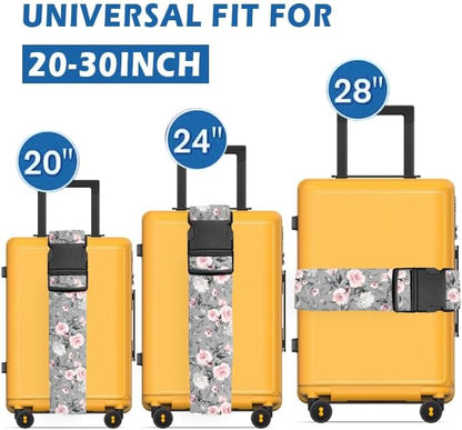 Luggage Straps for Suitcases Travel Belt Accessories, Cute Suitcase Strap, Adjustable Luggage Belt Strap, Heavy Duty with Quick-Release Buckle Luggage Strap Grey Pink Roses