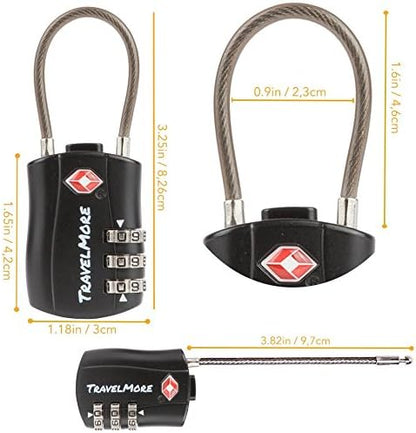 2 Pack TSA Approved Travel Combination Cable Luggage Locks for Suitcases & Backpacks - Black