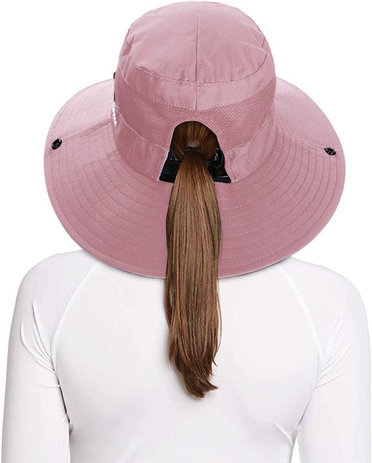 Rosoz Ponytail Sun Bucket Hats for Women UV Protection Foldable Mesh Wide Brim Hiking Beach Fishing Summer Safari