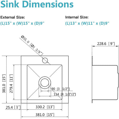 ARTLINE 15 x 15 Inch Black Drop in Bar Sink, Stainless Steel Single Bowl Kitchen Sink, Small Topmount 9 Inch Deep Wet Bar sink for Outdoor Prep RV Yard Laundry Utility with Dish Grid & Drain