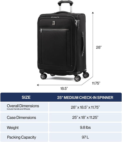 Travelpro Platinum Elite Softside Expandable Checked Luggage, 8 Wheel Spinner Suitcase, TSA Lock, Men and Women, True Navy Blue, Checked Medium 25-Inch