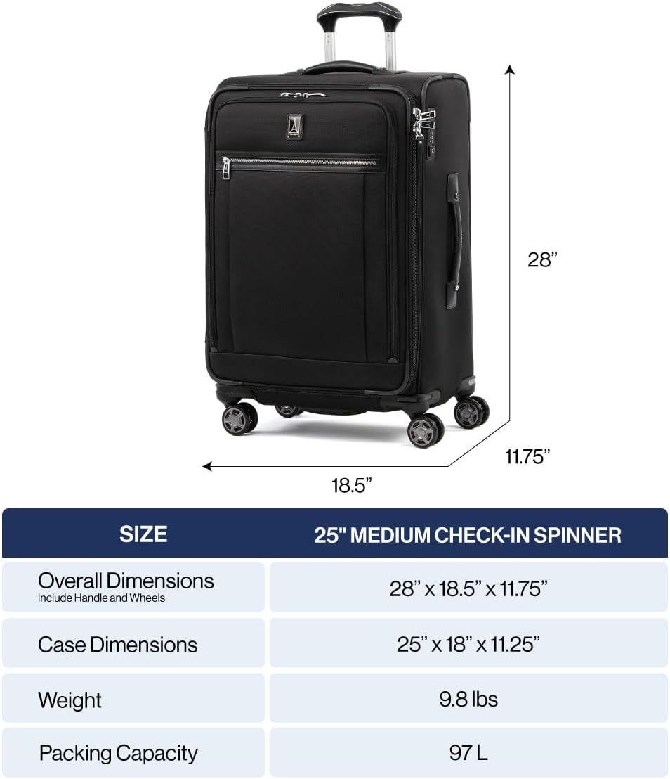 Travelpro Platinum Elite Softside Expandable Checked Luggage, 8 Wheel Spinner Suitcase, TSA Lock, Men and Women, Vintage Grey, Checked Medium 25-Inch