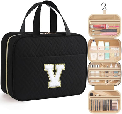 HOTOR Travel Toiletry Bag - Personalized Chenille Initial Makeup Bag, Water-Resistant Personalized Gifts for Women, Portable Travel Accessories & Essentials, Letter V, Black, 11.4"×9.0"×3.35"