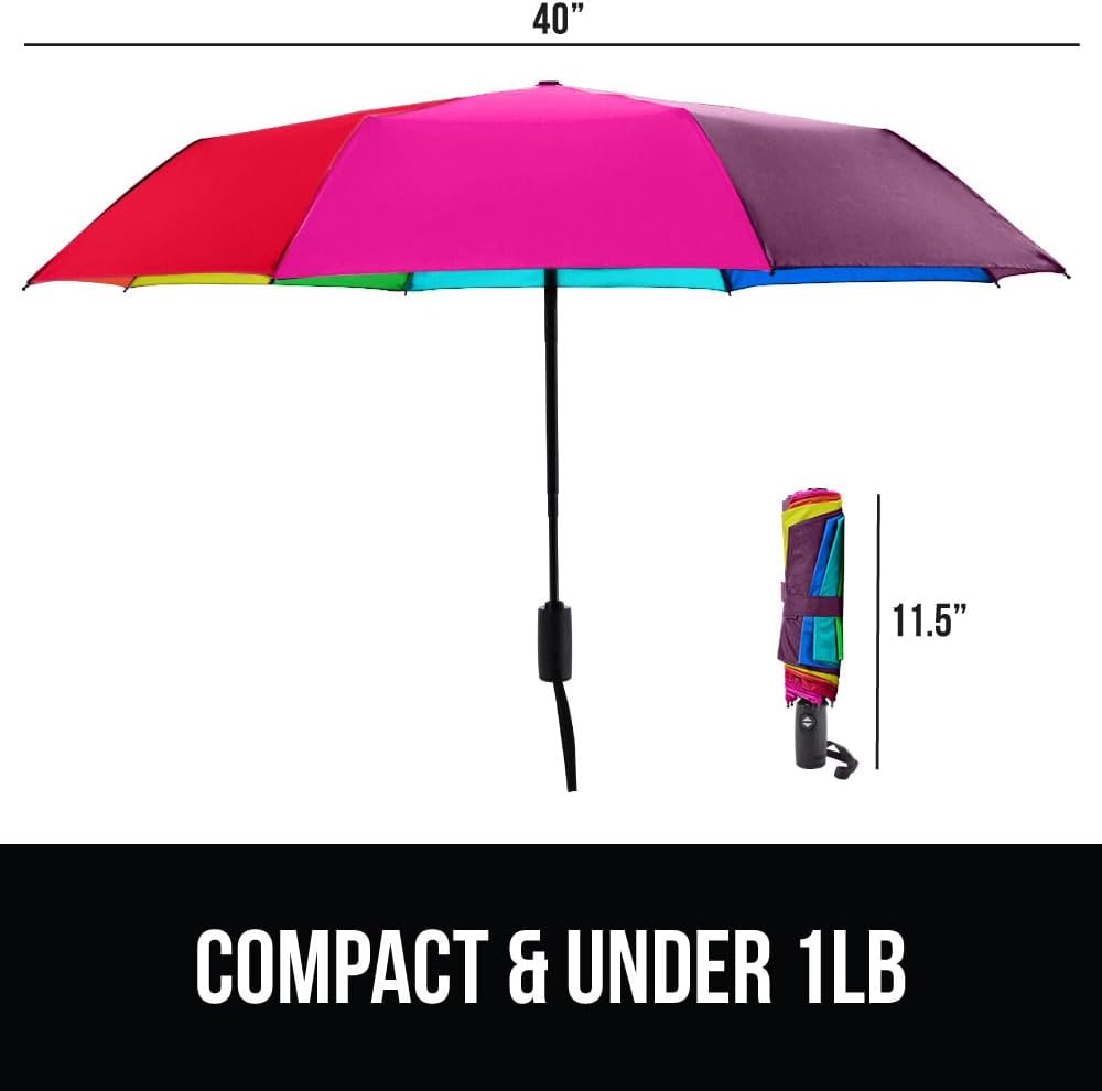 GORILLA GRIP Strong Stick Umbrella for Rain, Compact Travel One-Click Automatic Open Close, Lightweight, Portable, US Designed Reinforced Fiberglass Ribs, Wind Resistant, Easy Collapse, Rainbow