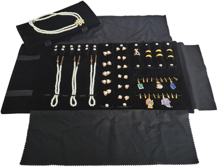 Velvet Travel Jewelry Case Roll Bag Organizer for Necklace Bracelet Earrings Ring (Black) (Black（6+2+4+2)