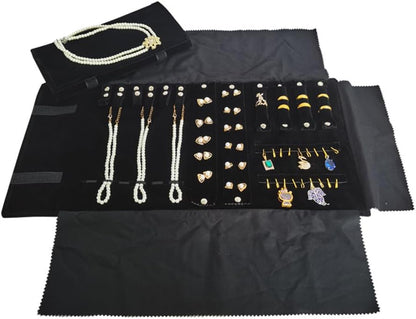 Velvet Travel Jewelry Case Roll Bag Organizer for Necklace Bracelet Earrings Ring (Black) (Black（6+2+4+2)