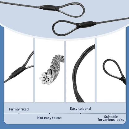 3.3mm Steel Wire Rope Outdoor Travel Security Cable Lock,Braided Steel Coated Safety Cable Luggage Lock,Safety Cable Wire Rope Chain Lock Double Loop Lightweight (Black, 24in/2Pcs)