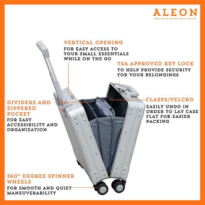 Aleon 16” Aluminum Vertical Underseat Carry-On Luggage - Luxury Business Briefcase with Wheels - Hardshell Suitcase for Airplane Travel (Platinum)