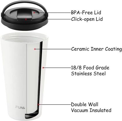 Funkrin Insulated Coffee Mug with Ceramic Coating, 16oz Iced Coffee Tumbler Cup with Flip Lid and Handle, Double Wall Vacuum Leak-Proof Travel Mug for Office School Party Camping
