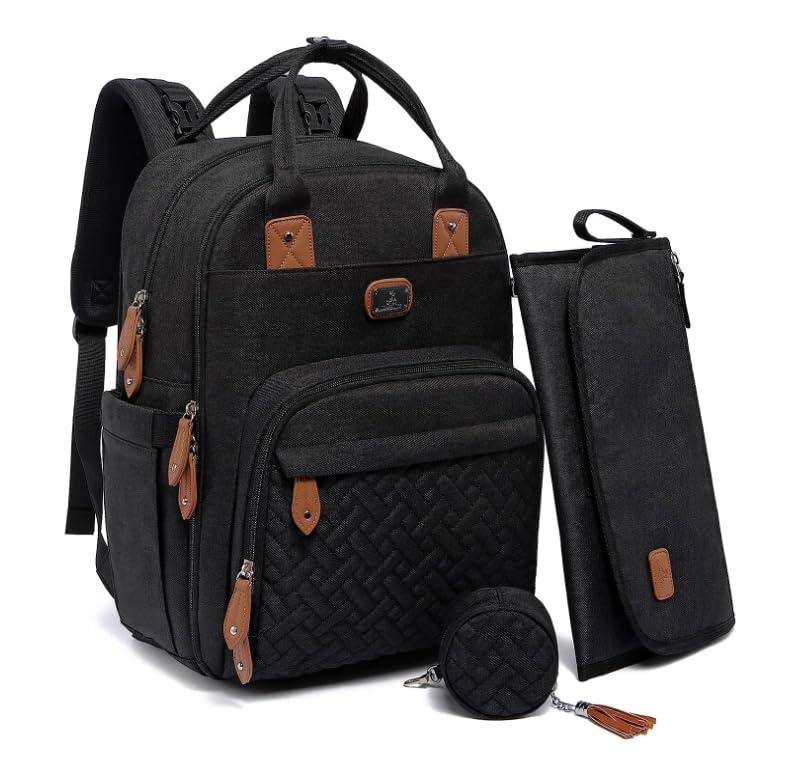 Dikaslon Diaper Bag Backpack with Portable Changing Pad, Pacifier Case and Stroller Straps, Large Unisex Baby Bags for Boys Girls, Multipurpose Travel Back Pack Moms Dads, Black