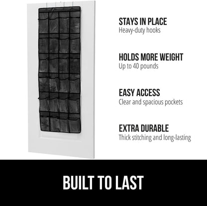 GORILLA GRIP Over the Door Shoe Organizer, 24 Large Breathable PVC Pockets, Space Saving Hanging Storage Holder, Closet Rack Hanger Holds Up to 40 lbs, Hangs on Closets for Shoes 2 Pack, Black