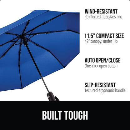 GORILLA GRIP Strong Stick Umbrella for Rain, Compact Travel One-Click Automatic Open Close, Lightweight, Portable, US Designed Reinforced Fiberglass Ribs, Wind Resistant, Easy Collapse, Navy