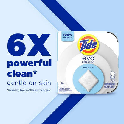 Tide Evo Free & Gentle Laundry Detergent Tiles, Fragrance-Free, 40 Medium Sized Loads, 40 ct, Easy to Use, Safe for All Machines and Water Conditions