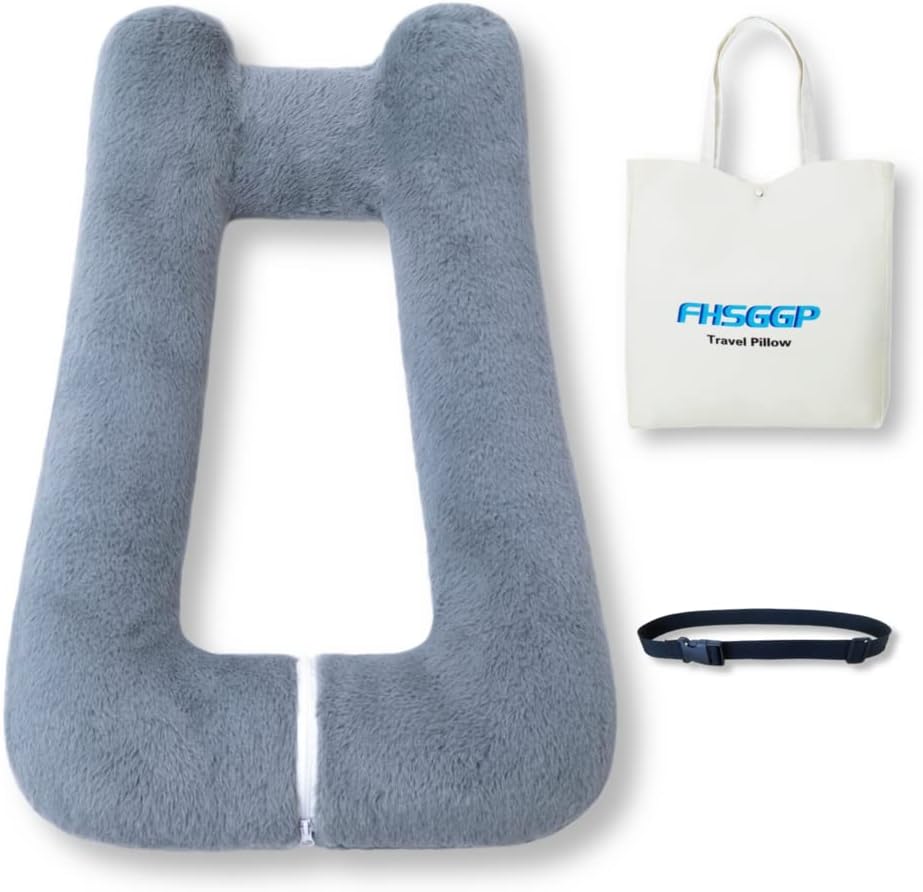 Travel Pillow Upgraded Version of Aircraft Travel Neck Pillow with Storage Bag, Sleep Pillows for Travel by Train, Car, or Plane, Supporting The Head and Body, Travel Pillow for Kids Grey
