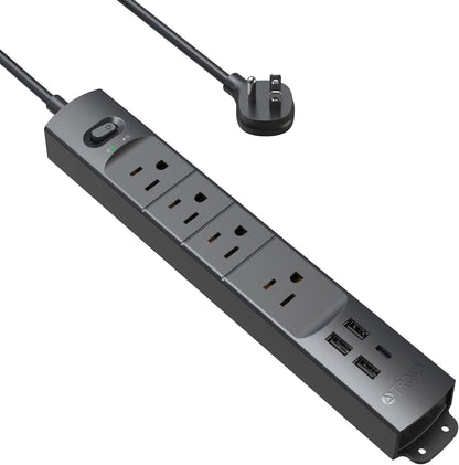 TROND Surge Protector Power Strip with USB, Ultra Thin Flat Plug 3ft Extension Cord 1625W, 3 USB A & 1 USB C, 4 AC Outlets 1440J Surge Protection, ETL Listed, Wall Mount for Home Office Dorm, Black