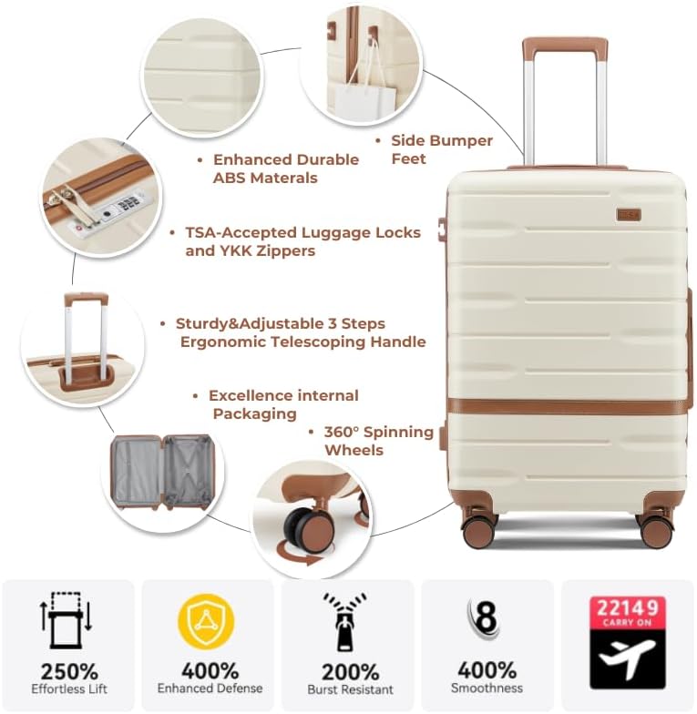 Carry On Luggage 3 Piece Lightweight Travel Luggage Set,22x14x9 Airline Approved,YKK Zippers Expandable Hard Shell Suitcase with Spinner Wheels TSA Lock (Beige, 3 Piece Sets (20/DB/TB))