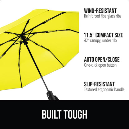 GORILLA GRIP Strong Stick Umbrella for Rain, Compact Travel One-Click Automatic Open Close, Lightweight, Portable, US Designed Reinforced Fiberglass Ribs, Wind Resistant, Easy Collapse, Yellow