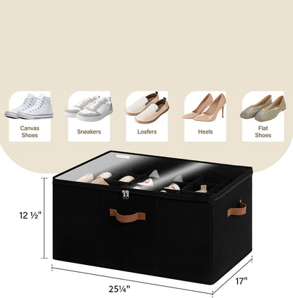 StorageWorks Shoe Organizer for Closet, Fits up to 24 Pairs, Shoe Cubby Storage Containers with Adjustable Dividers and Clear Cover, Black