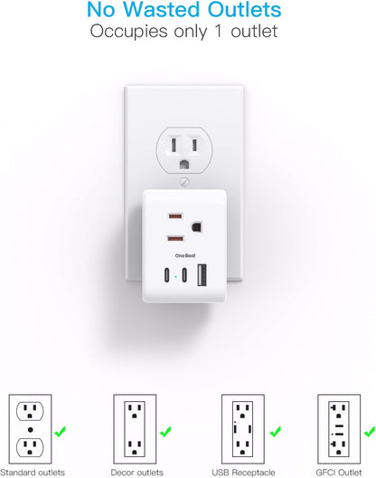 Multi Plug Outlet Extender, Power Strip Non Surge Protector Electric Outlet Splitter with 3 USB Wall Charger (2 USB C), Multiple Outlet Expander for Cruise, Dorm, Travel, Home, Office(White)