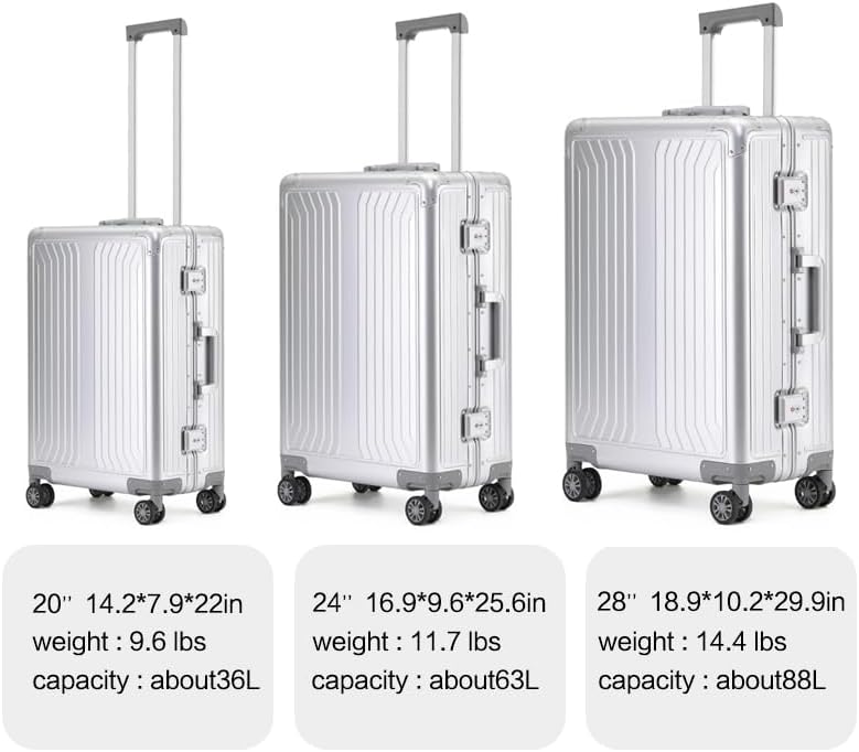 Metal all aluminum carry-on suitcase 20 "hard face, TSA lock and rotating wheel zippered luggage set (dark grey, 20 '')